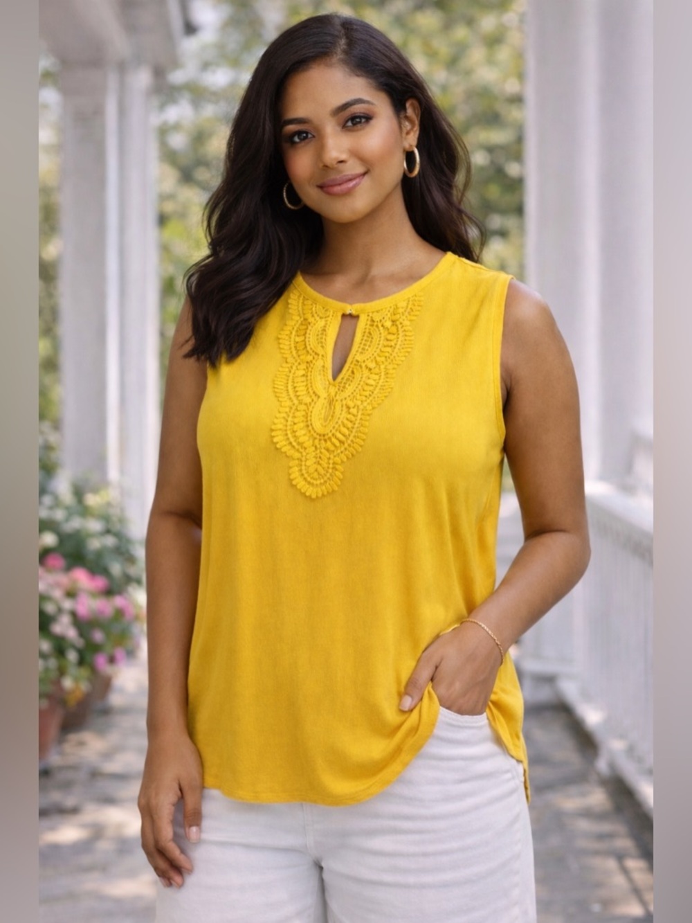 Grace Elements- Womens Sleeveless Blouse w/Crochet Neckline- Gold color size 2xl